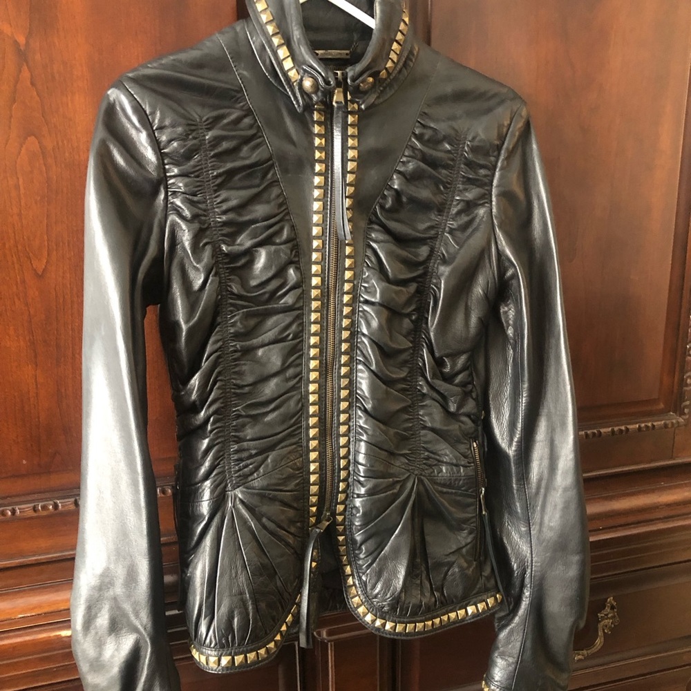 **RARE** Roberto Cavalli studded ruched leather jacket